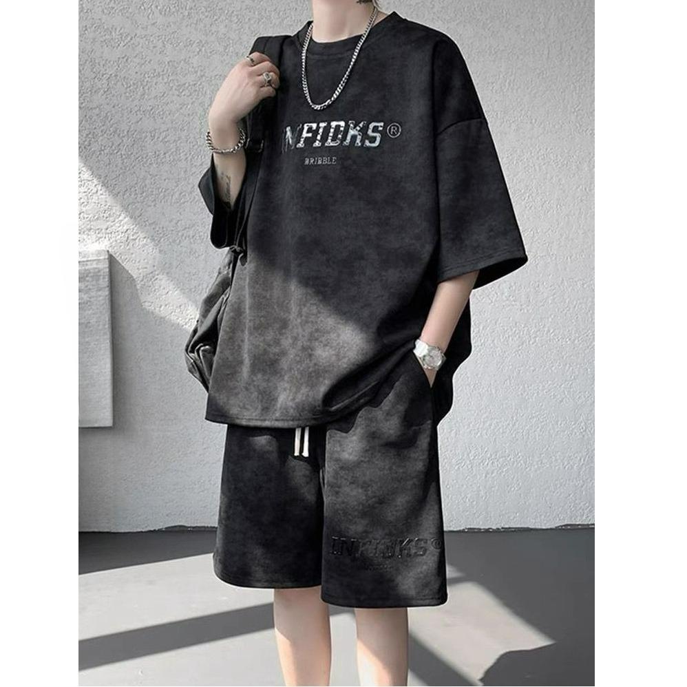 Ретро Грязный Короткий Рукав Костюм Мужской Летний Свободный Повседневный Спортивный Футболка Шорты Модный Бренд Тай-дай Двухкомпонентный Костюм S чёрный