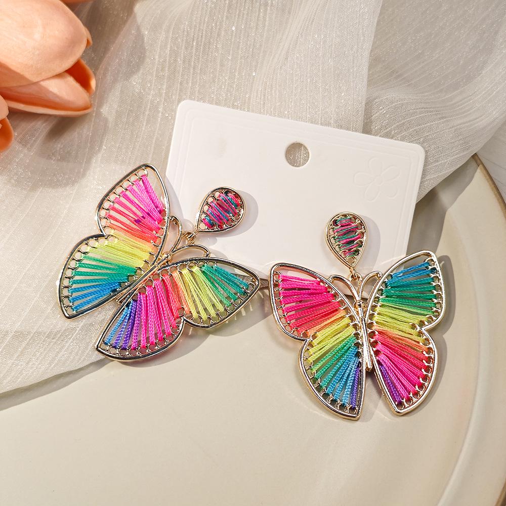 Bohemian Ethnic Cotton Thread Color Block Butterfly Earrings for Women