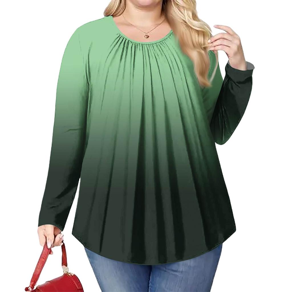 Women's Plus Size Fashion Printed Casual Pleated Round Neck Long Sleeve Top