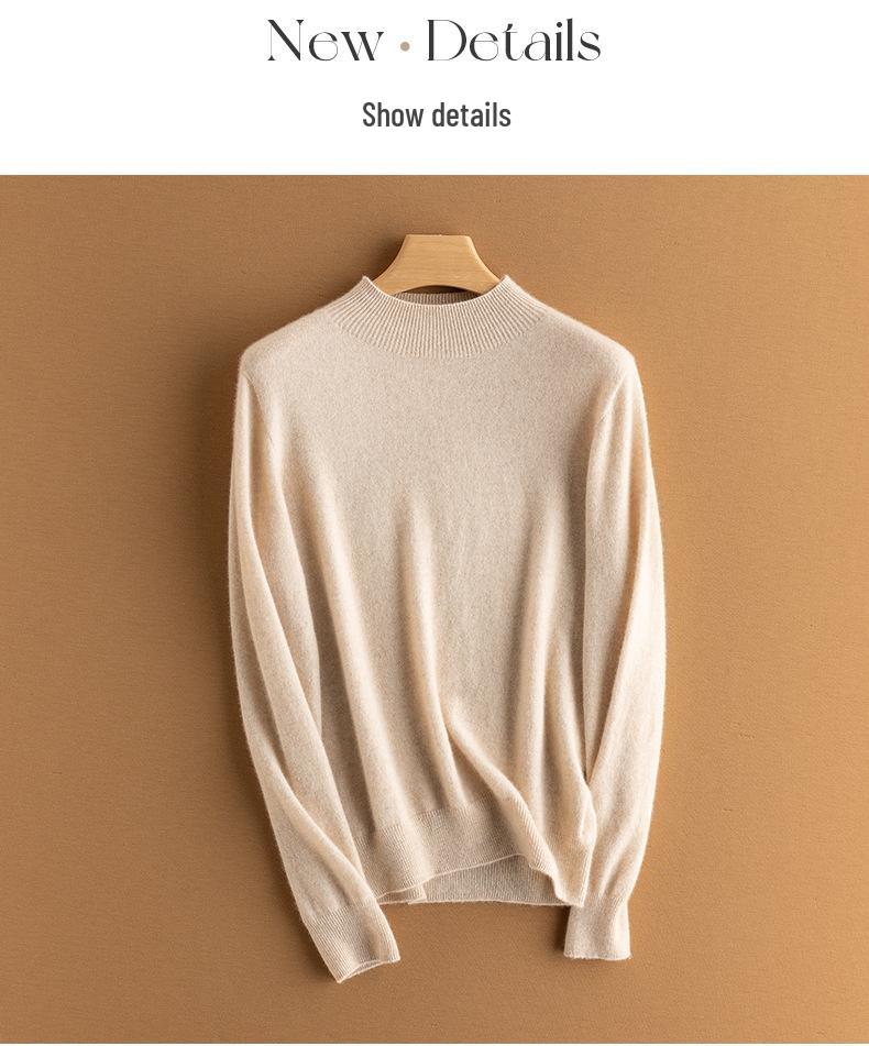 Women's Pure Cashmere Seamless Knit Sweater, Autumn/Winter Half-High Neck, Long Sleeve Base Layer