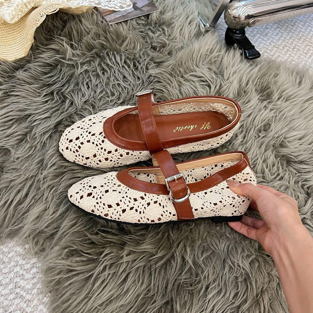 Inner Heightening Women's Shoes Breathable Hollow Woven One-word Strap Single Shoes 25 Summer New Casual Splicing Round Head Grandma Shoes