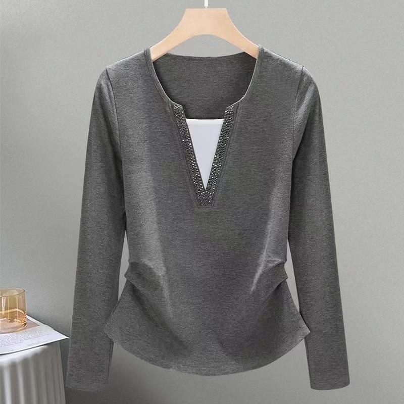 Women S Fake Two Piece Long Sleeve V Neck Wine Red Basic Top Elegant Layering Inner Wear