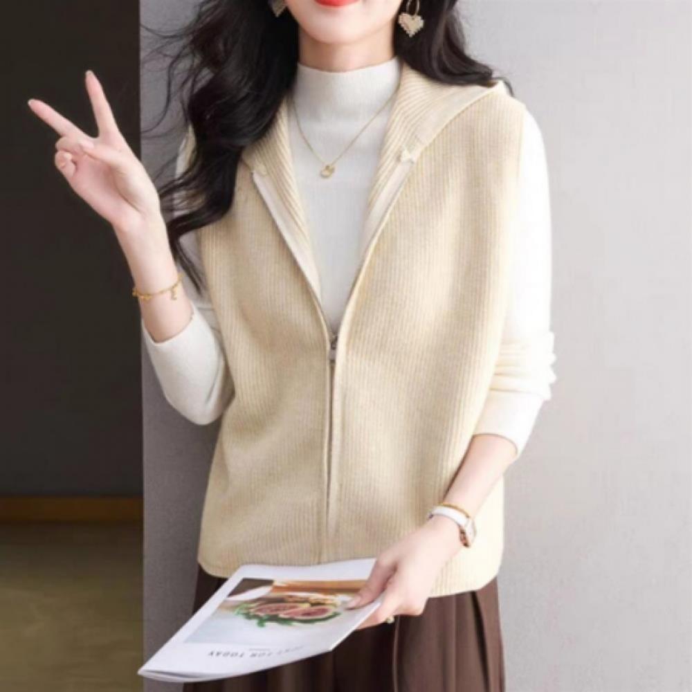 New Arrivals Open Run Women Basic Solid Rib Regular Fit Knit Zip Vest