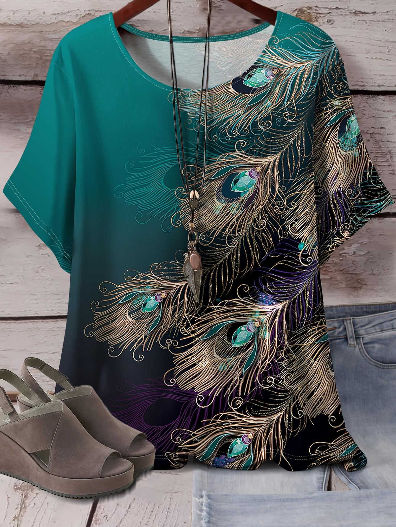 Women s Plus Peacock Feather Allover Printed Short Sleeve Round Neck Short Sleeve Stretch Top S