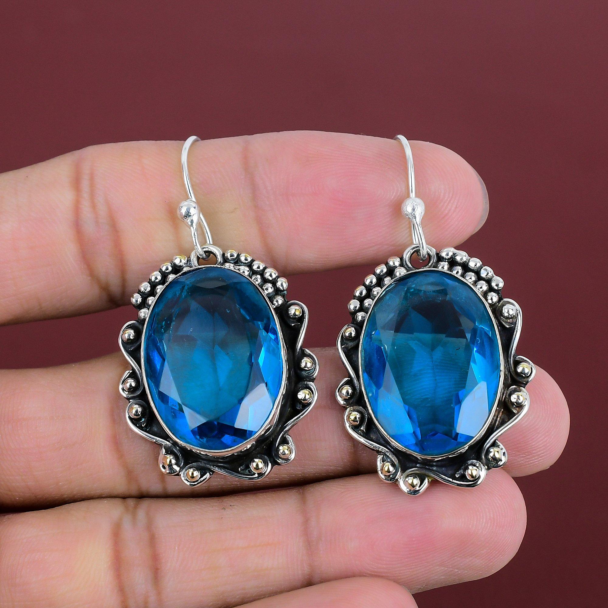 Faceted Swiss Blue Topaz Earring Handmade Gemstone Jewelry 925 Sterling Silver Earring Swiss Blue Topaz Jewelry Dangle Earring Gifts For Her