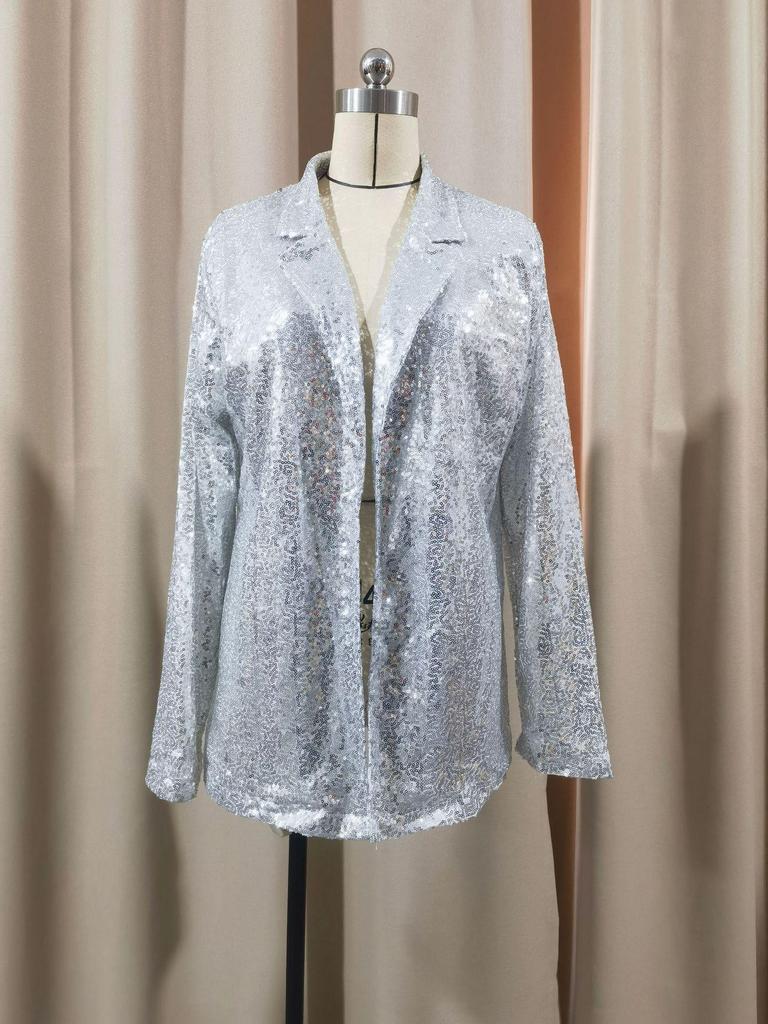Women's Sequin Lapel Cardigan Blazer - Solid Color, Long Sleeve, Casual