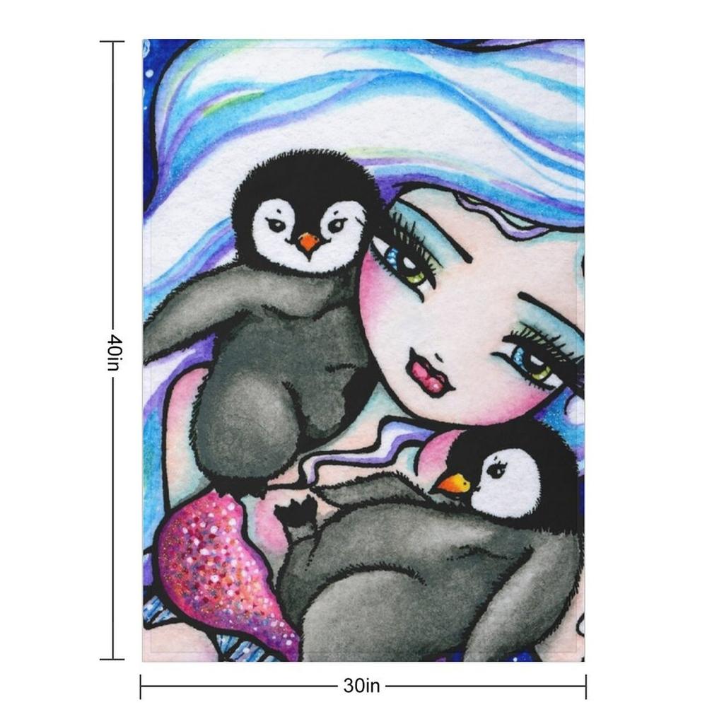 Frosty Mermaid with Baby Penguin Friends Whimsical Fantasy Art Throw Blanket Stuffeds Softest Flannel Fabric For Baby Blankets