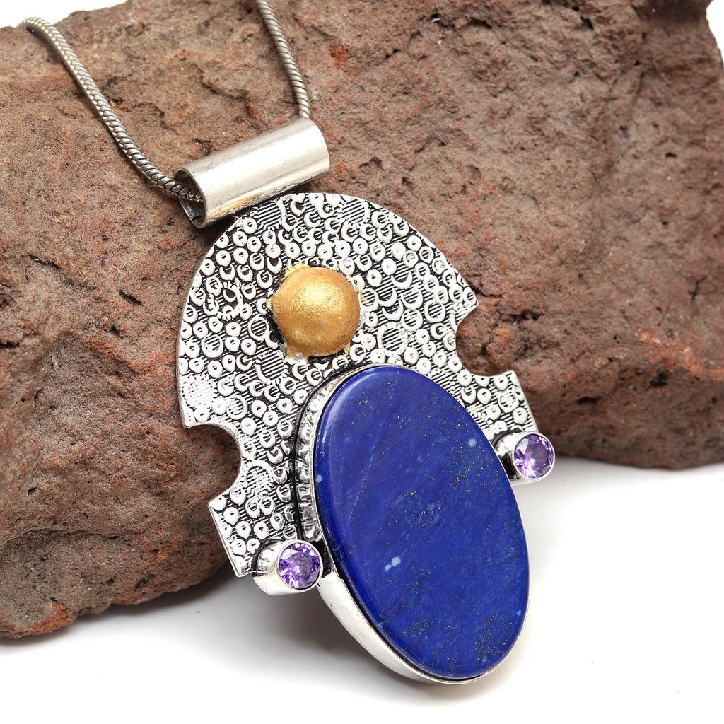 Pendant Lapis Lazuli Silver Jewelry 2.5" Gemstone  Handmade Sterling Silver