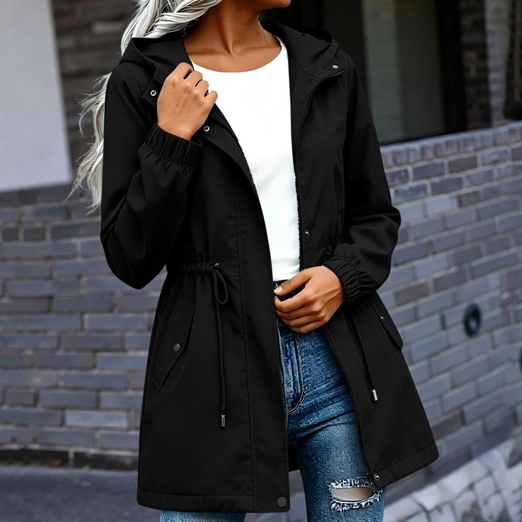 Damen Kapuzenjacke Mittellang Lässiger Lockerer Schnitt Windbreaker Mantel mit Verstellbarem Bundzug und Druckknopfleiste vorne