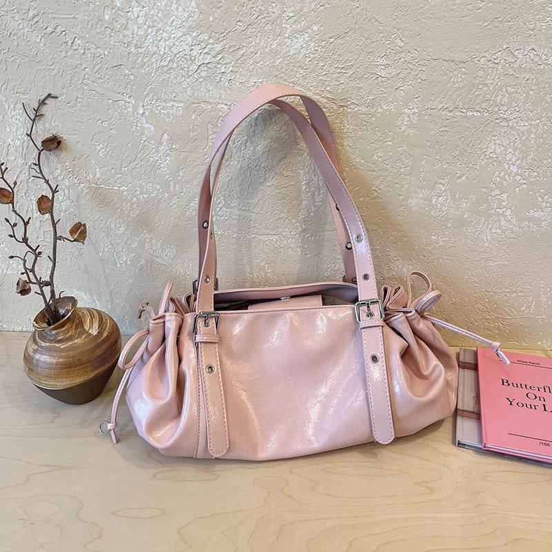 Pink PU Shoulder Bag For Women Trendy Large Capacity Commuter Tote Bags Simple Casual Motorcycle Style Traveling Handbags