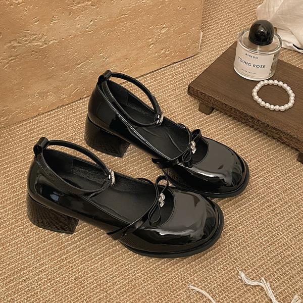 

Fashion 2025 High Heel Leather Shoes Chunky Sandals Branded Pumps Clogs for Women Slip On Shallow Mouth Mary Jane Round Toe Lace-Up Late 35