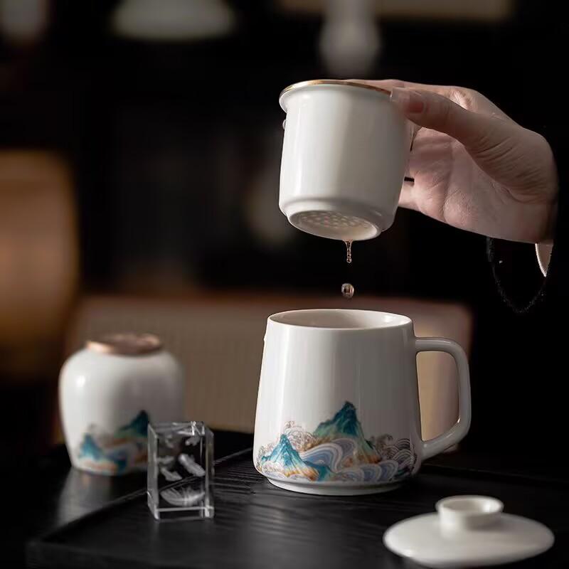 Suet Jade Tea Cup Tea Separation With Lid Filter Dehua White Porcelain Personal Ceramic Water Cup For Men And Women