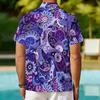 Women Short Sleeve Shirt Purple Blue Paisley Floral Ethnic Print Lapel Button Up Top