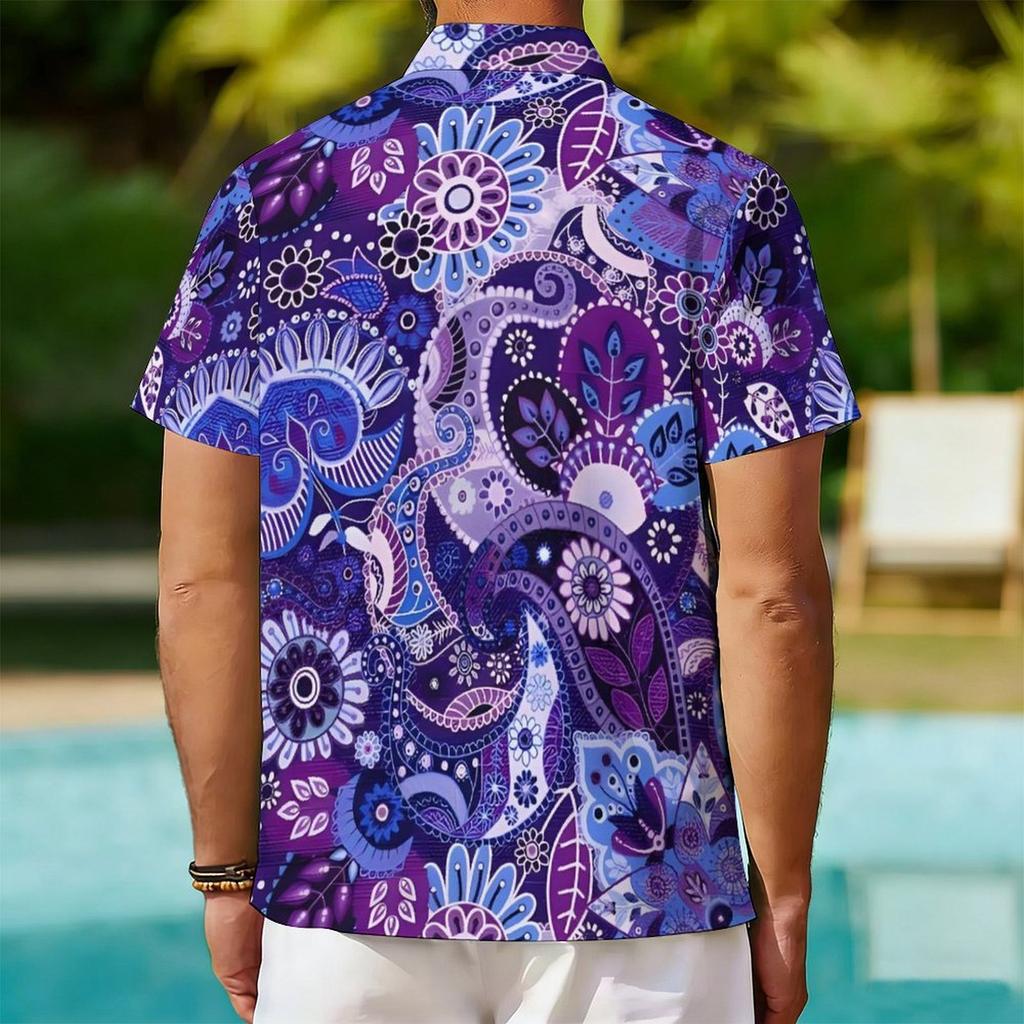 Women Short Sleeve Shirt Purple Blue Paisley Floral Ethnic Print Lapel Button Up Top