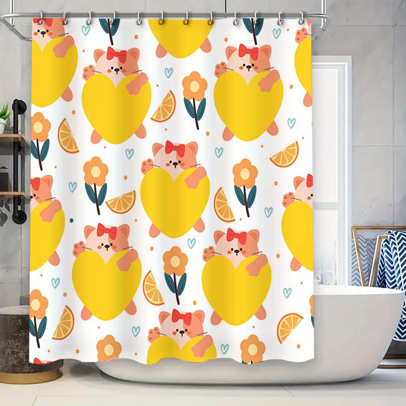 

Adorable Heart Animal Shower Curtain Decorative Bathroom Fabric Printed Pink Dog with Yellow Hearts Bath Mat Set for Kitchen Liv 90x180cm