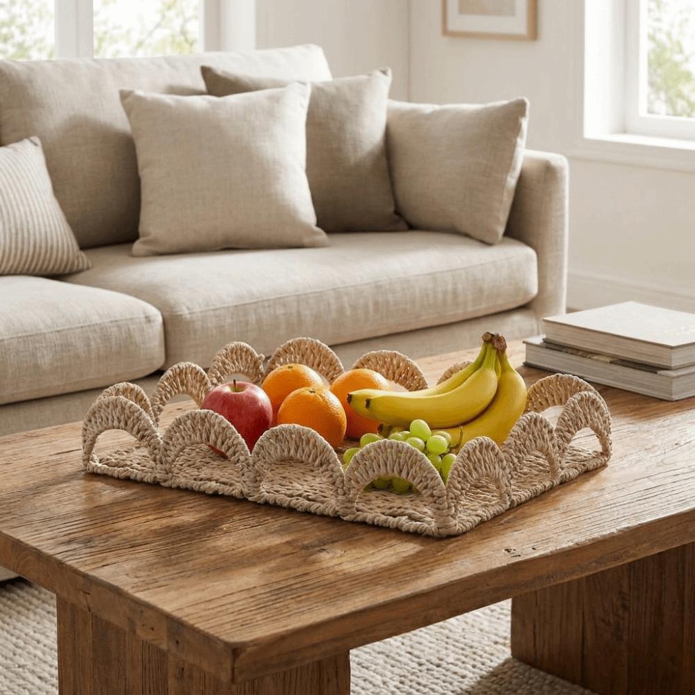 Scalloped Edge Handwoven Storage Basket Rectangular Fruit Basket Desktop Organizer Bedroom