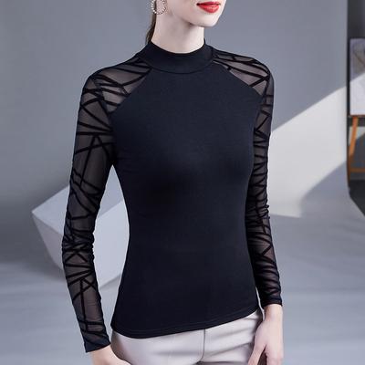 Spring and Autumn Stitching Half-high Collar Lace T-shirt Women's Bottoming Shirt Women's Fashion Long-sleeved Slim Top