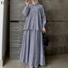 ZANZEA Women Long Sleeve Blouse and Long Skirts Stripe Print Two Piece Suit Sets