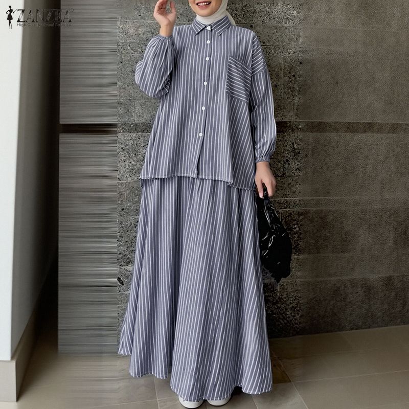 ZANZEA Women Long Sleeve Blouse and Long Skirts Stripe Print Two Piece Suit Sets