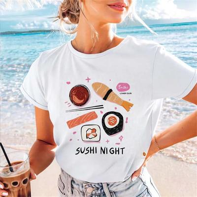 Damen Sommer Reise T-Shirt mit Meeresfrüchte Sushi Cartoon Druck Kurzärmliges Oberteil Damen Lässiger Stil Top T-Shirt