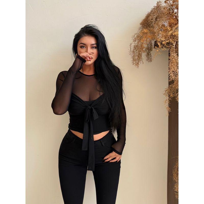 La Pinky [Mesh Temptation] Fashion Stylish Mesh Elastic Stitching Twist Long Sleeves Sexy Top