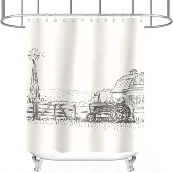 Sketch Rustic Shower Curtain Farmland Farmhouse Tractors Wooden Fence Theme for Kids Bathroom Decor Cloth Fabric Sets with Hooks Waterproof Washable