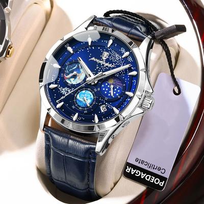 יוקרה גבר שעוני יד עסקי כוכבים שמיים קוורץ גברים שעון עמיד למים זוהר כרונוגרף תאריך שעוני גברים עור