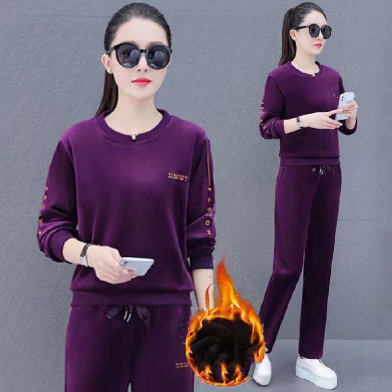 Winter Velvet Two Pieces Sets O Neck Plush Lined Loose Outfit Straight Baggy Pant Suits Thick Warm Casual