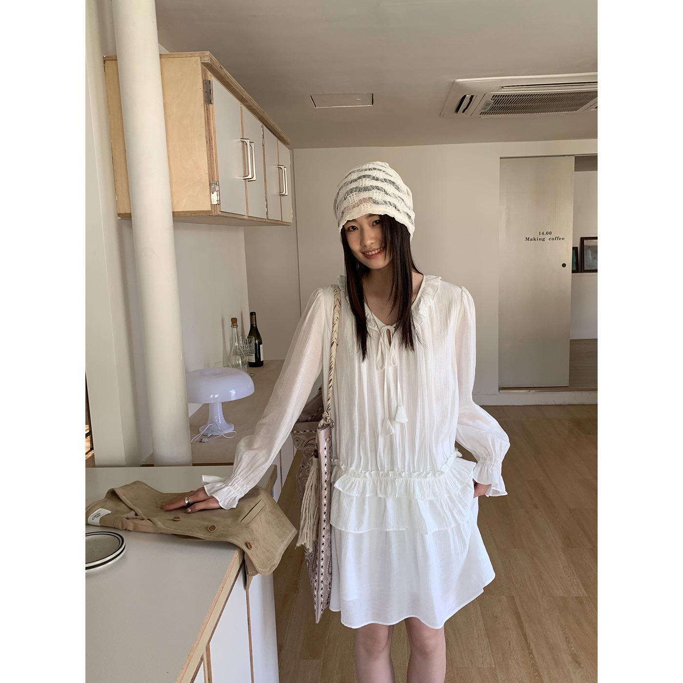 New Bohemian Ruffled Collar Loose-Fit Long Sleeve Dress for Women - Spring Arrival F белый