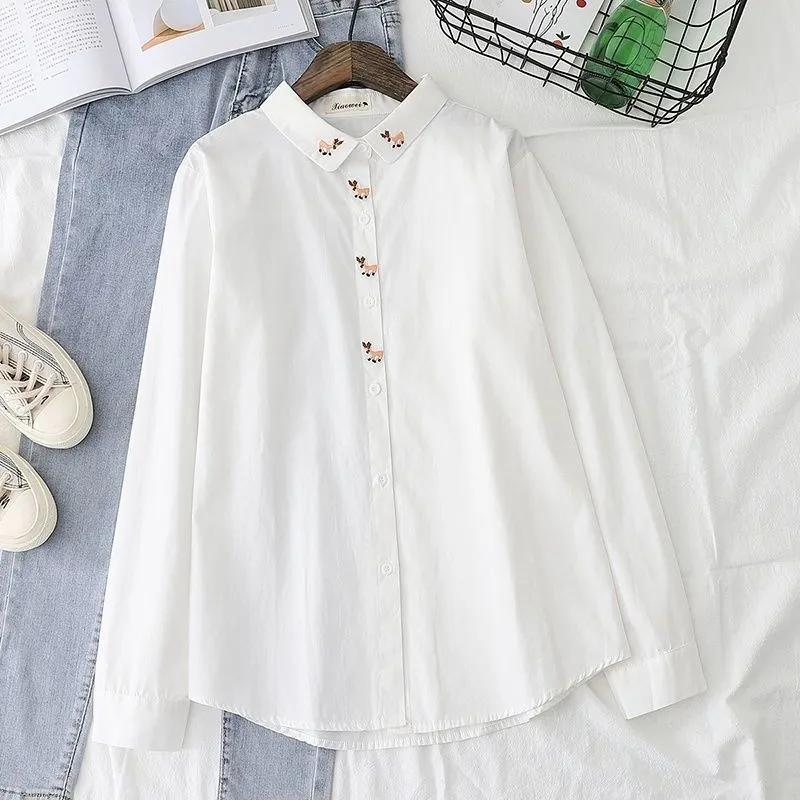 Girls Literary Fresh Embroidery Loose Sweet Shirt Student Buttons Long-sleeved Bottoming Shirt
