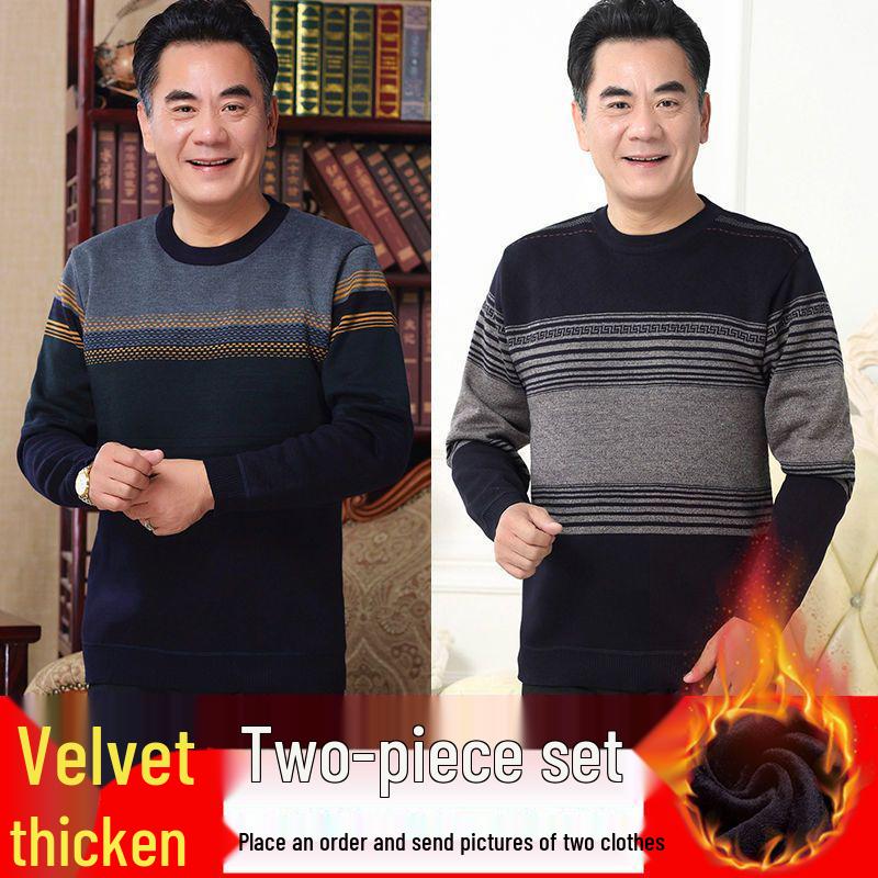 Men's Thick Fleece-Lined Sweater - Grandpa Style, Round Neck, Perfect for Winter Warmth