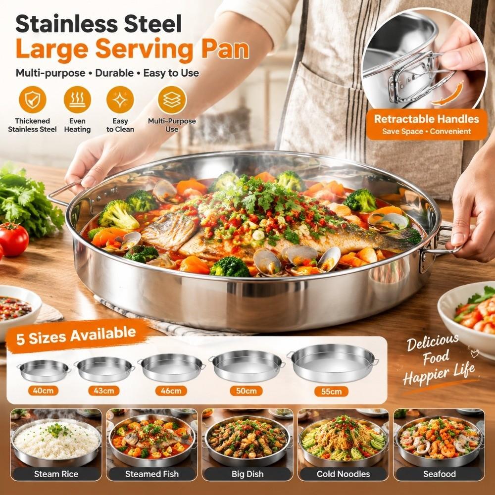 Stainless Steel Steaming Tray with Handle Noodles Rice Plate Vegetable Fish Pan Kitchen