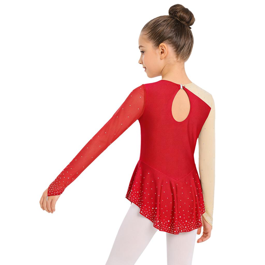 Girls Shiny Rhinestones Mesh Patchwork Dance Dress Asymmetrical Hem Long Sleeve Dancewear