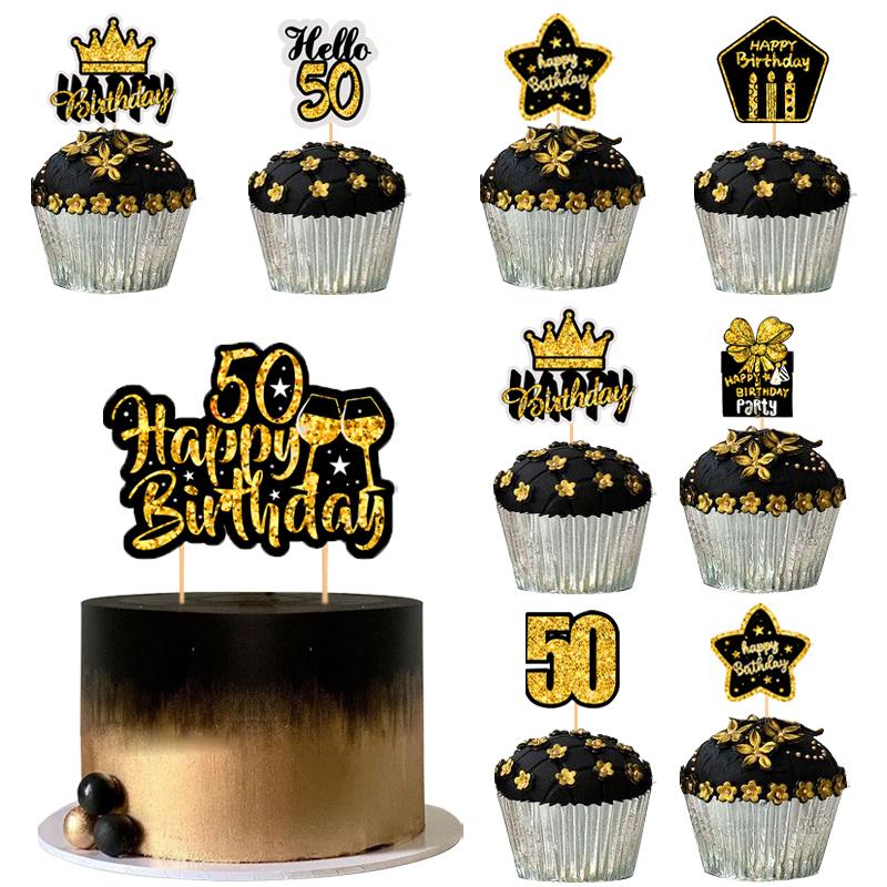 1Set 18-60 Year Old Black Gold Cake Topping Happy Birthday Party Supplies Adult Anniversary Birthday Cake Top Accessories Props