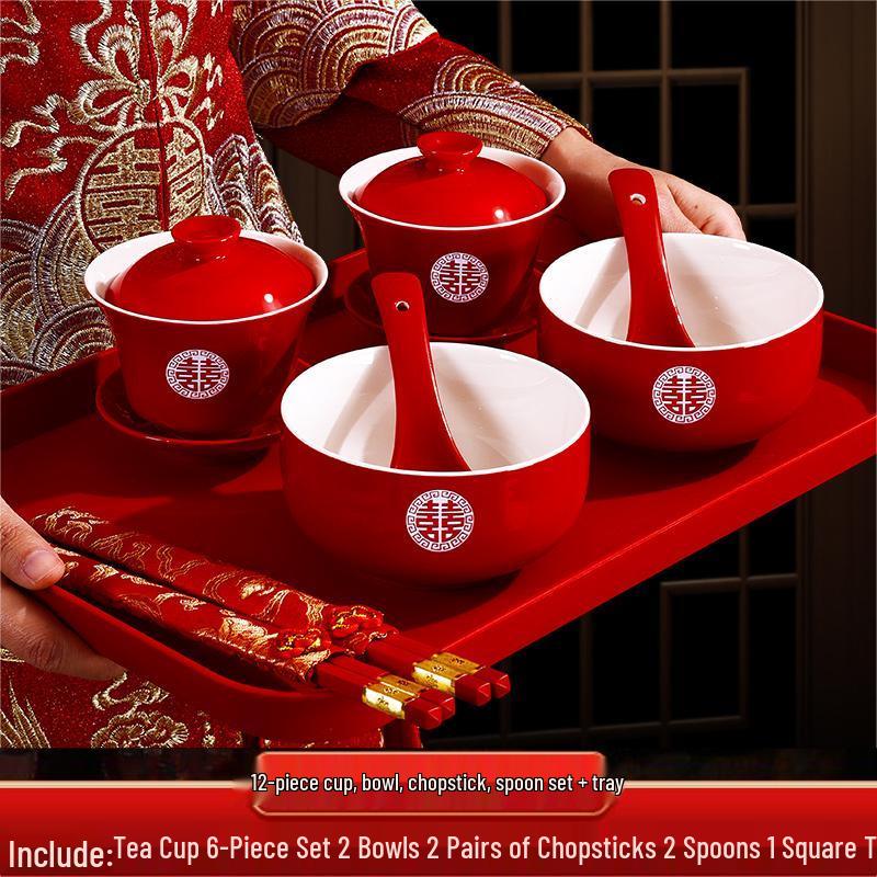 Red Festive Gaiwan and Chopsticks Wedding Tea Set - Pair of Bowls for Sons and Grandsons