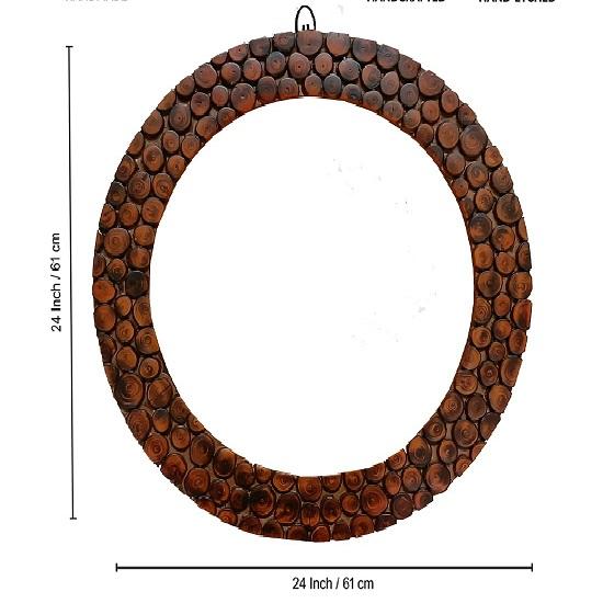 Ručně vyráběný dřevěný rám kulatý nástěnný, zrcadlo do koupelny, obývacího pokoje, k umyvadlu na zeď, do pracovny, kanceláře, hnědý