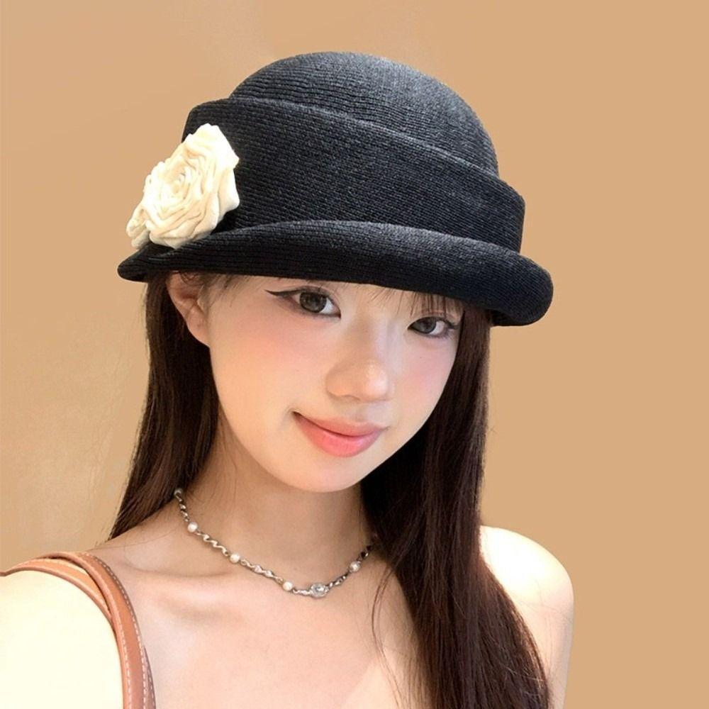 Elegant Camellia Flower Cap French Style Women's Formal hat Vintage Floral Bowler Hat Famale