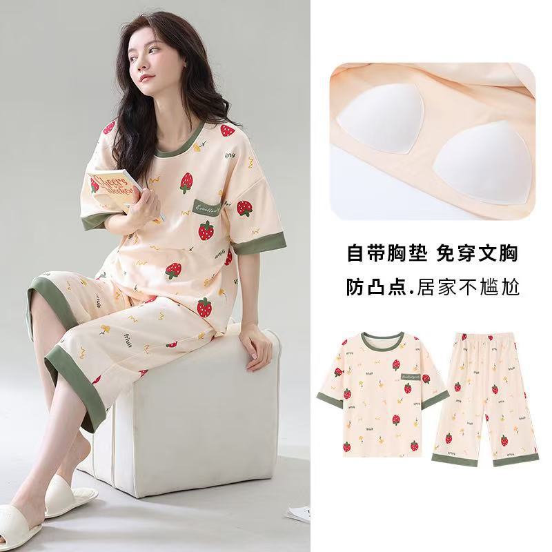 Women's Summer Pajamas with Chest Pads, New Thin Short-sleeved Cropped Pants Plus Size Loungewear Set
