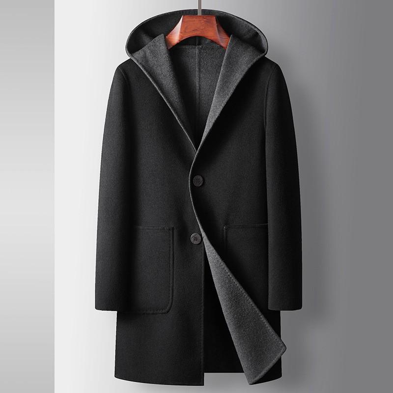 Mens Wool Blend Hooded Reversible Mid-Length Overcoat Casual Business Style Young Adults
