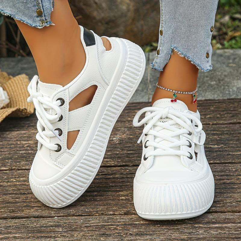 Women'S Chunky Platform Sneakers - Breathable Cut-Out Design, White Low-Top Lace-Up Shoes with Transparent PVC Sole, Comfortable All-Day Wear