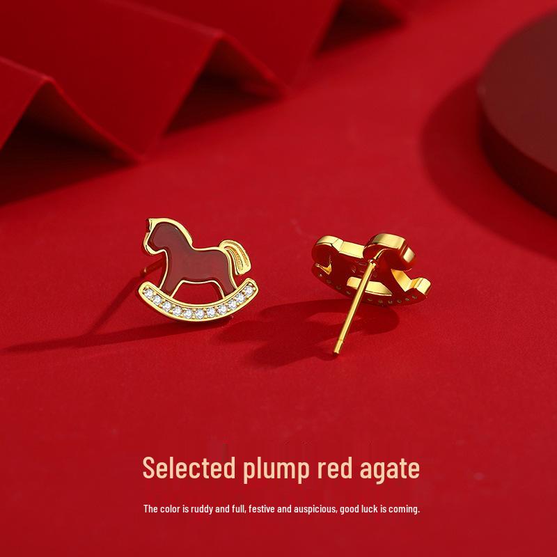 Tichiya Red Agate Earrings for Women - S925 Sterling Silver, Retro National Trend, Year of the Horse Design.