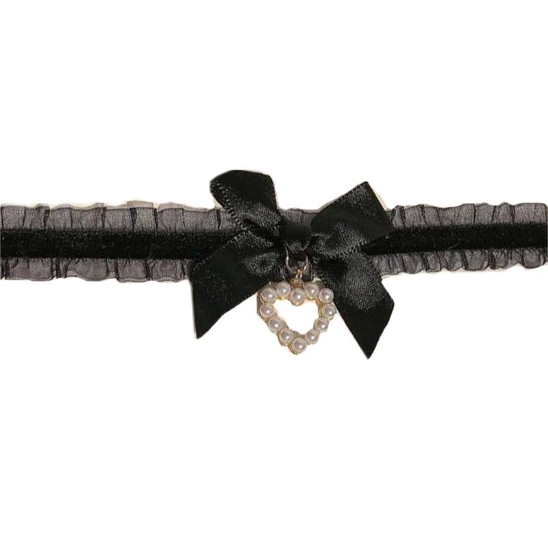 

Fashion Harajuku Cloth Collarbone Chain Temperament Simple Cold Wind Big Heart Bowknot Pearls Loves Necklace Lace Chain 1