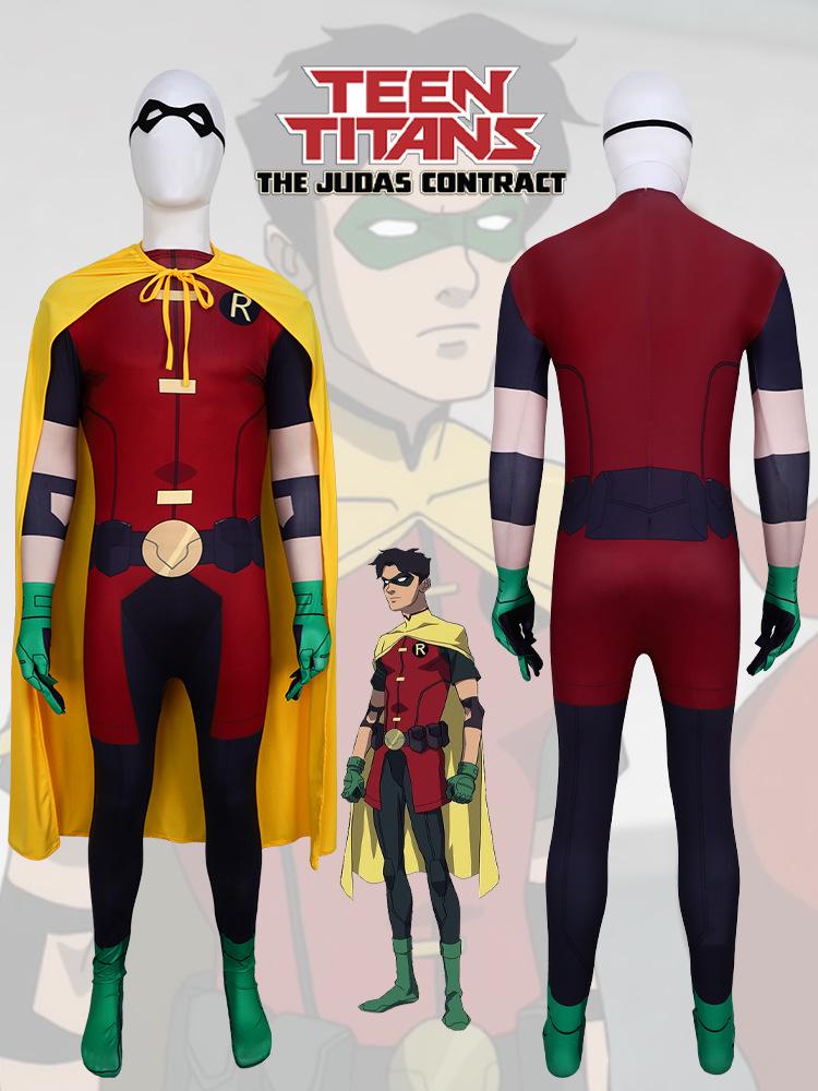 Teen Titans Robin Cosplay Costume Set with Batman Cape for Halloween or Stage Performances.