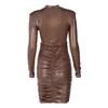 New Autumn and Winter PU Leather Fashion Sexy Dress Women Slim Fit Shoulder Pad Pleated Black Dresses Women Long Sleeve Casual Lady Party Dress 25842