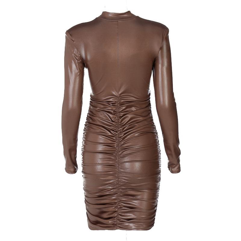 New Autumn and Winter PU Leather Fashion Sexy Dress Women Slim Fit Shoulder Pad Pleated Black Dresses Women Long Sleeve Casual Lady Party Dress 25842
