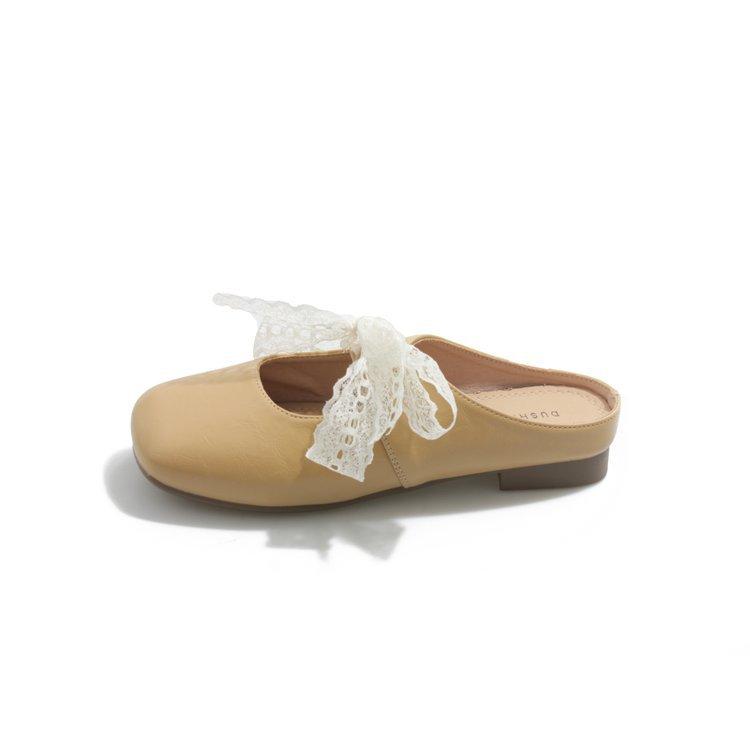 Lace Bow Outer Wear Half Slippers Women's Spring and Summer New Silver Thick Heel Soft Leather Shoes Bag Head Slippers