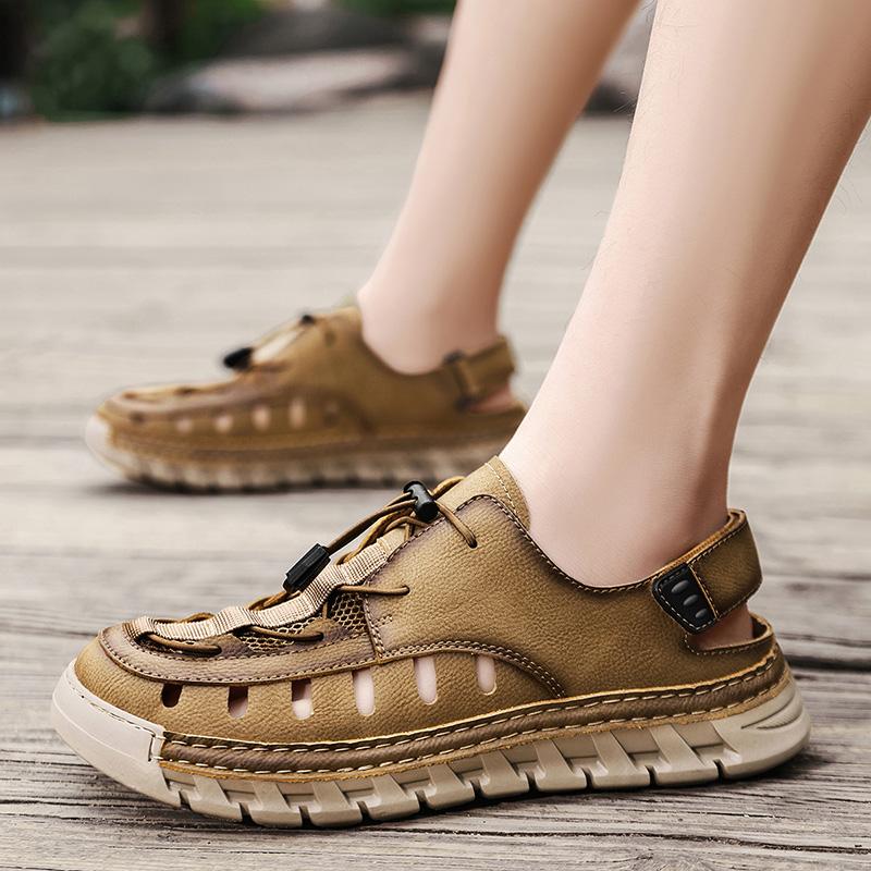Men Sandals New Elastic Band Leather Hollow Breathable Comfortable Lightweight Summer Outdoor Beach Walking Sandals for Teen