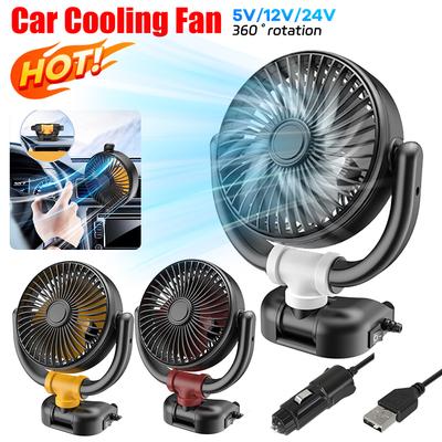 12/24V Portable Car Cooling Fan 5V USB Powered Car Fan Multi-Angle Rotatable With Cigarette Lighter Plug For Car Truck SUV RV