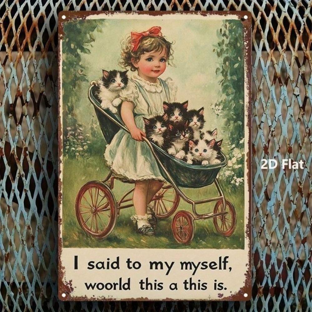 Metal Wall Art Girl with Kitten Stroller Decor for Nursery Living Room 20x30cm