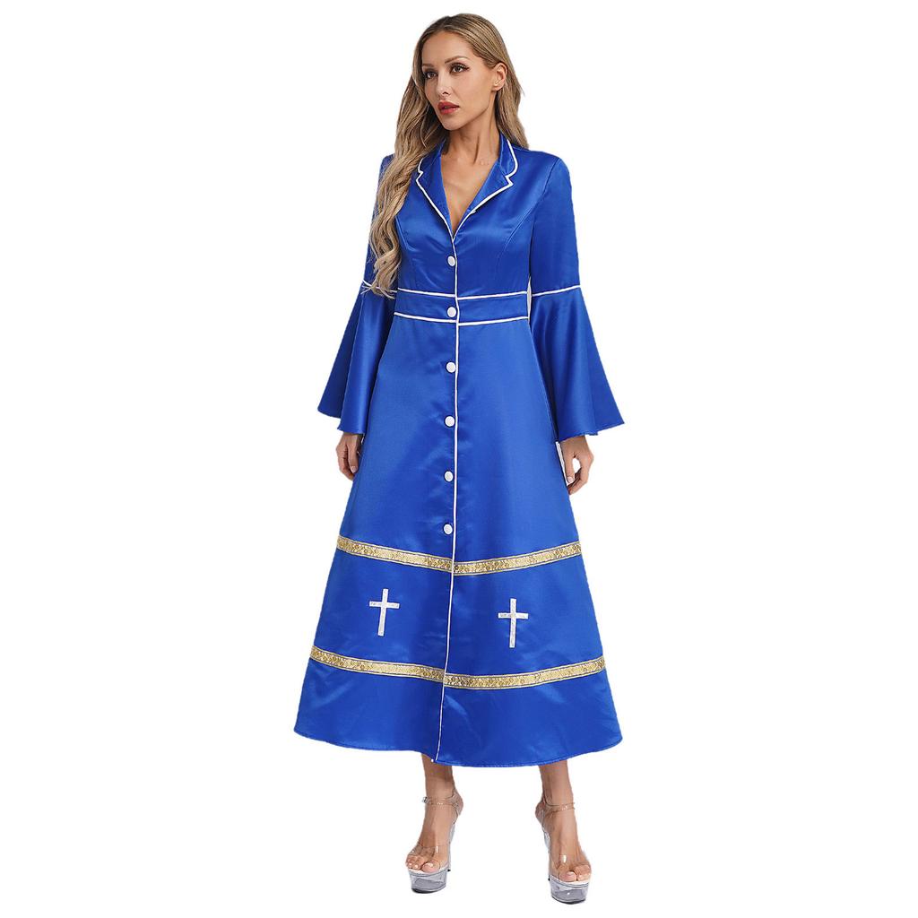 Womens Clergy Minister Robe Stand Collar Long Sleeve Buttons Design Cassock Church Pastor Robe